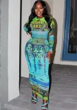 Women's Autumn And Winter Abstract Print Slim Fit Round Neck Long Sleeve Dress