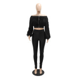 Fashionable Off Shoulder Long-Sleeved Furry Cropped Top And Slim Trousers Two-Piece Set