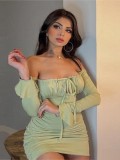 Spring Bell Bottom Long-Sleeved Women's Sexy Off Shoulder Bodycon Pleated Dress