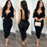 Chic Elegant Solid Color Low Back Deep V High Waist Bow Elastic Slit Bodycon Dress