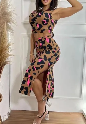 Summer Women's Low Back Lace-Up Chic Short Sleeve T-Shirt Bodycon Printed Skirt Two Piece Set