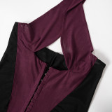 Women's Spring Mesh Contrast Color Patchwork Underwear Button Long Sleeve Halter Neck Jumpsuit