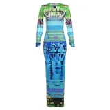 Women's Autumn And Winter Abstract Print Slim Fit Round Neck Long Sleeve Dress