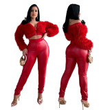 Fashionable Off Shoulder Long-Sleeved Furry Cropped Top And Slim Trousers Two-Piece Set