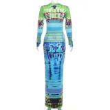 Women's Autumn And Winter Abstract Print Slim Fit Round Neck Long Sleeve Dress