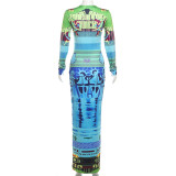 Women's Autumn And Winter Abstract Print Slim Fit Round Neck Long Sleeve Dress