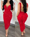 Chic Elegant Solid Color Low Back Deep V High Waist Bow Elastic Slit Bodycon Dress