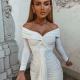 Spring Women's Long-Sleeved Sexy V-Neck Off-The-Shoulder Pleated Dress