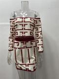 Sexy Geometric Print Casual Long-Sleeved Top And Skirt Two-Piece Set For Women