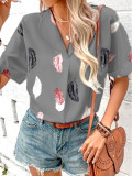 Spring And Summer Women's Turndown Collar Feather Print Shirt