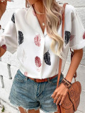 Spring And Summer Women's Turndown Collar Feather Print Shirt