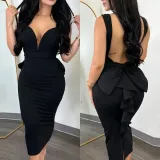 Chic Elegant Solid Color Low Back Deep V High Waist Bow Elastic Slit Bodycon Dress