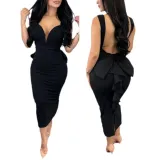 Chic Elegant Solid Color Low Back Deep V High Waist Bow Elastic Slit Bodycon Dress