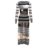 Autumn And Winter Women's Fashion Contrast Color Patchwork Hollow High Waist Slim Fit Knitting Dress