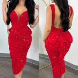 Chic Elegant Solid Color Low Back Deep V High Waist Bow Elastic Slit Bodycon Dress