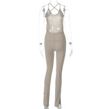 Women Spring Sexy Backless Solid Suspender Jumpsuit