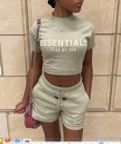 Women Casual Drawstring Solid Printed Short Sleeve Top And Shorts Two-piece Set