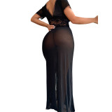 Women See-Through Slit Nightgown Lace Mesh Temptation Uniform Sexy Lingerie Set