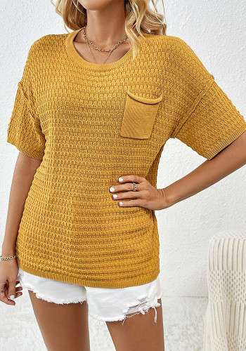 Women Spring and Summer Pocket Short Sleeve Solid knitting Blouse