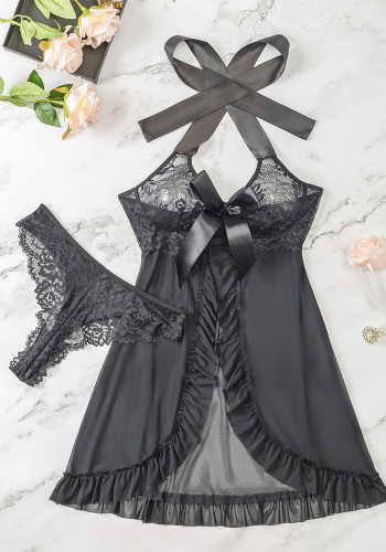 Women Temptation Lace Bow See-Through Nightgown Sexy Lingerie Two-piece Set