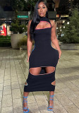 Women Sexy Stand Collar Dress Solid Sleeveless Hollow Bodycon Dress