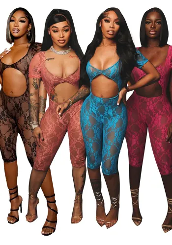 Women's Sexy See Through Lace U Neck Short Sleeve Jumpsuit