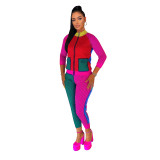 Women's Fashion Casual Style Contrast Color Block Zipper Two-Piece Pants Set