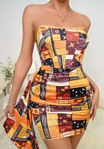 Printed Strapless Slim Elegant Ribbon Women's Sexy Dress