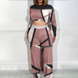 Women Printed Color Block Crop Top and Wide Leg Pants Two Piece Set