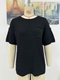 Women Spring and Summer Pocket Short Sleeve Solid knitting Blouse