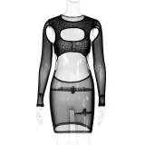 Women's Summer Fashion Mesh Sexy Hollow See-Through Round Neck Slim Dress