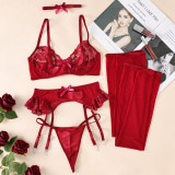 Lace Embroidery Heart Print Mesh Sexy Lingerie Set