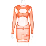 Women's Summer Fashion Mesh Sexy Hollow See-Through Round Neck Slim Dress