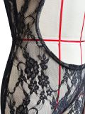Women's Sexy See Through Lace U Neck Short Sleeve Jumpsuit
