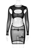 Women's Summer Fashion Mesh Sexy Hollow See-Through Round Neck Slim Dress