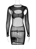 Women's Summer Fashion Mesh Sexy Hollow See-Through Round Neck Slim Dress