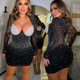 Fashion Women's Solid Color Beaded Mesh Long Sleeve Bodycon Dress