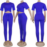 Solid Color Short-Sleeved Sports Casual Women's Two Piece Pants Set