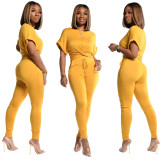 Solid Color Short-Sleeved Sports Casual Women's Two Piece Pants Set