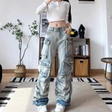 Spring Street-Style Pocket Washed Gradient Cargo Pants Casual Jeans