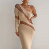 Women'S Slash Shoulder Long Sleeve Mesh Patchwork Tight Fitting Midi Bodycon Dress