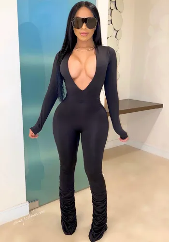 Women Solid V Neck Jumpsuit