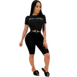 Women Letter Print Short Sleeve Top and Shorts Casual Sports Two-piece Set
