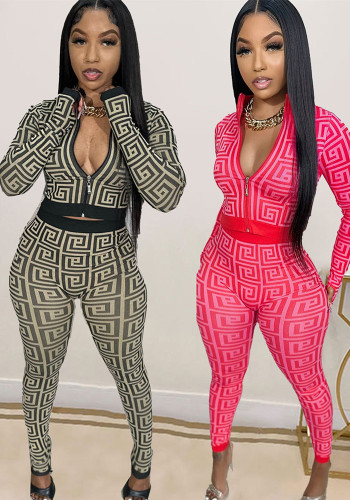 Women Sexy Printed Stretch Long Sleeve Top and Pant Two-piece Set