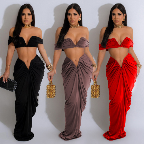 Fashion Women's Solid Color Sexy Off Shoulder Crop Top Pleated Skirt Two Piece Set