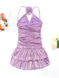 Sexy Purple Pleated Floral Halter Neck Strappy Low Back Dress