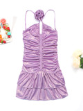 Sexy Purple Pleated Floral Halter Neck Strappy Low Back Dress