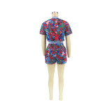 Summer Women'S Fashion Print Casual Short Sleeve Zipper Top Shorts Two Piece Set