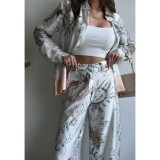 Women Spring/Summer Print Long Sleeve Top and Wide Leg Pants Two-piece Set