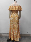 Women Off Shoulder Short Sleeve Printed Ruffle Maxi Dress